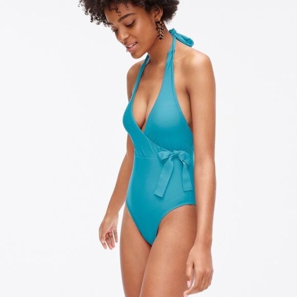 J. Crew Halter Wrap One-piece Swimsuit Havana Blue NWT - Picture 4 of 7